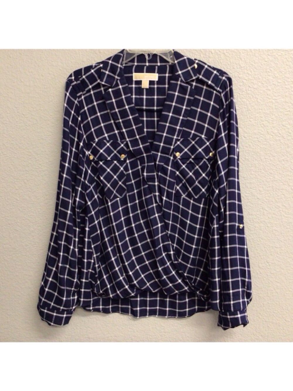 Michael Michael Kors Blue Plaid Faux Wrap Top Blouse Women’s Sz Large Long Slv
